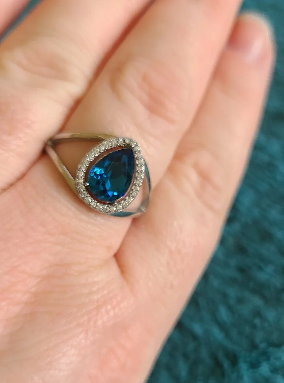 Pear-Shaped Blue Sapphire Teardrop Ring with Halo Accent